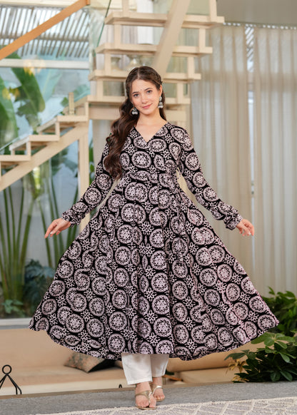 Black Cambric Cotton Ethnic Motif Anarkali Kurta With Palazzo Set
