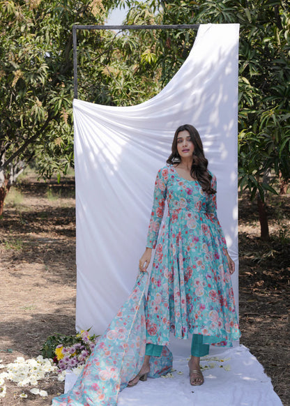 Turquoise Anarkali Ethnic Floral Print Kurta & Trousers With Dupatta