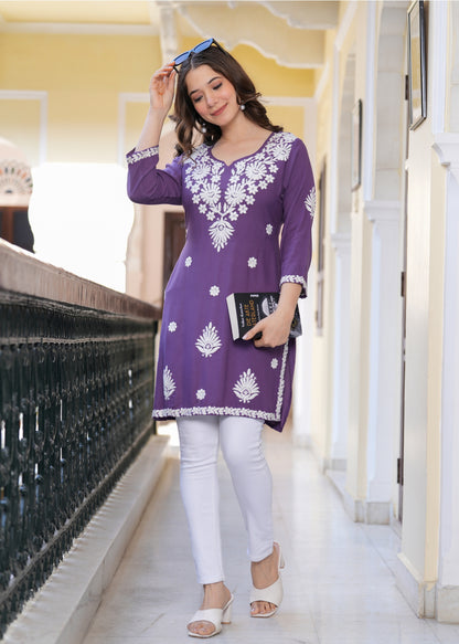 Purple Solid Round Neck Chikankari Pure Cotton Straight Kurti