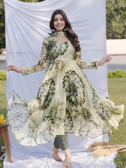 Green Anarkali Ethnic Floral Print Kurta & Trousers With Dupatta