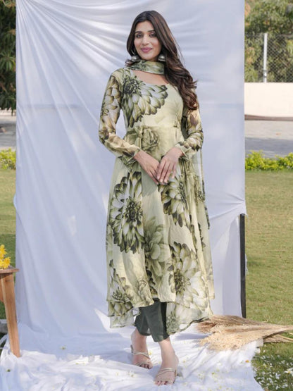 Green Anarkali Ethnic Floral Print Kurta & Trousers With Dupatta