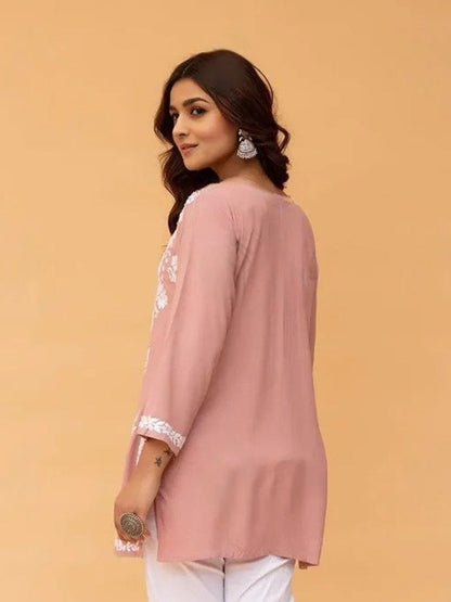 Peach Solid Round Neck Chikankari Pure Cotton Straight Kurti
