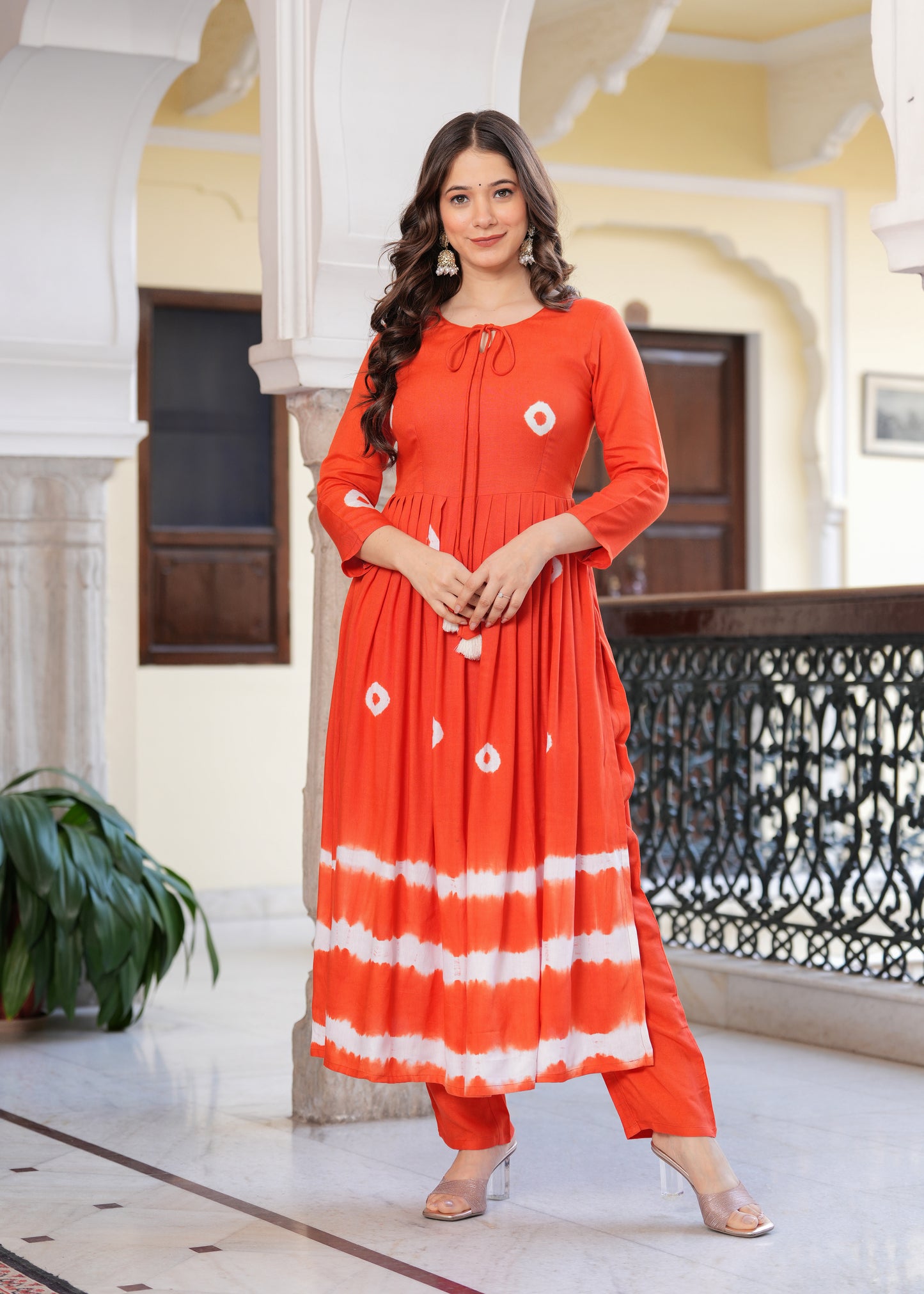 Orange Flared Tie & Dye Work Kurta & Trousers With Dupatta Set