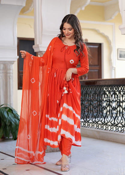 Orange Flared Tie & Dye Work Kurta & Trousers With Dupatta Set