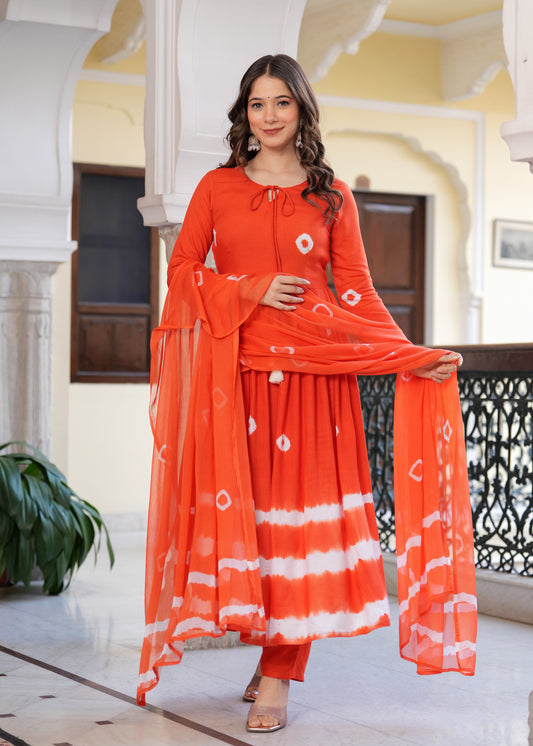 Orange Flared Tie & Dye Work Kurta & Trousers With Dupatta Set