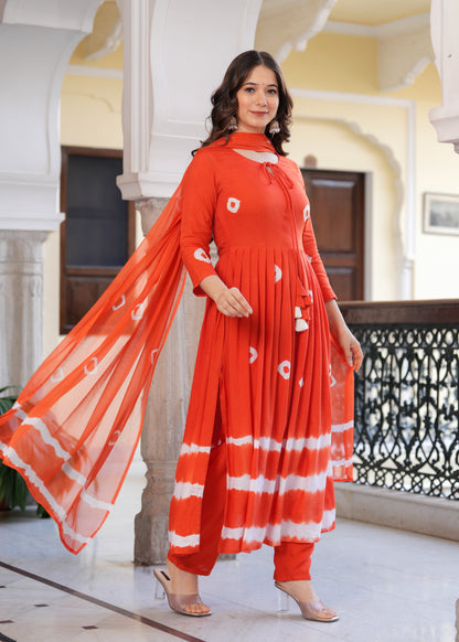 Orange Flared Tie & Dye Work Kurta & Trousers With Dupatta Set