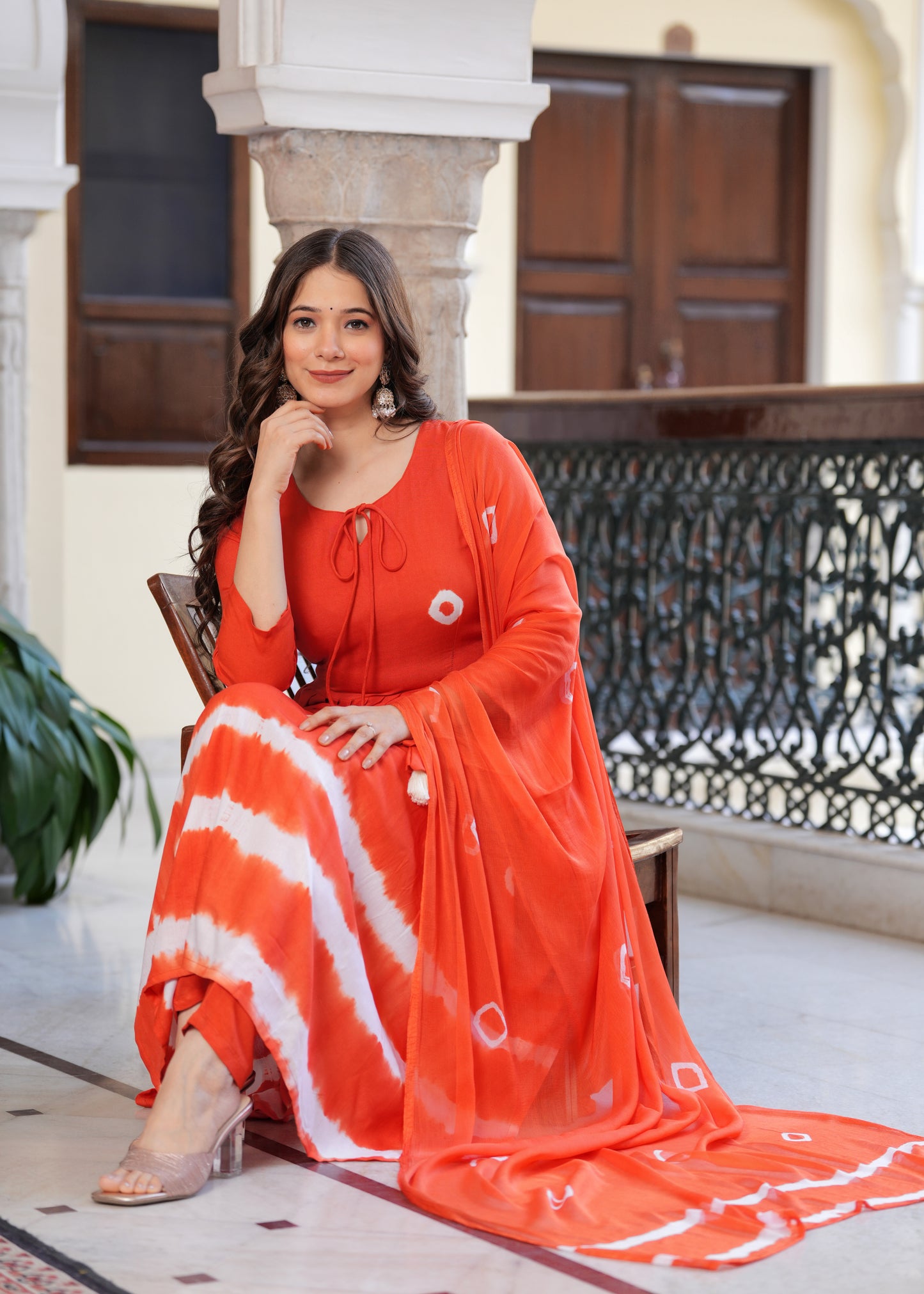 Orange Flared Tie & Dye Work Kurta & Trousers With Dupatta Set