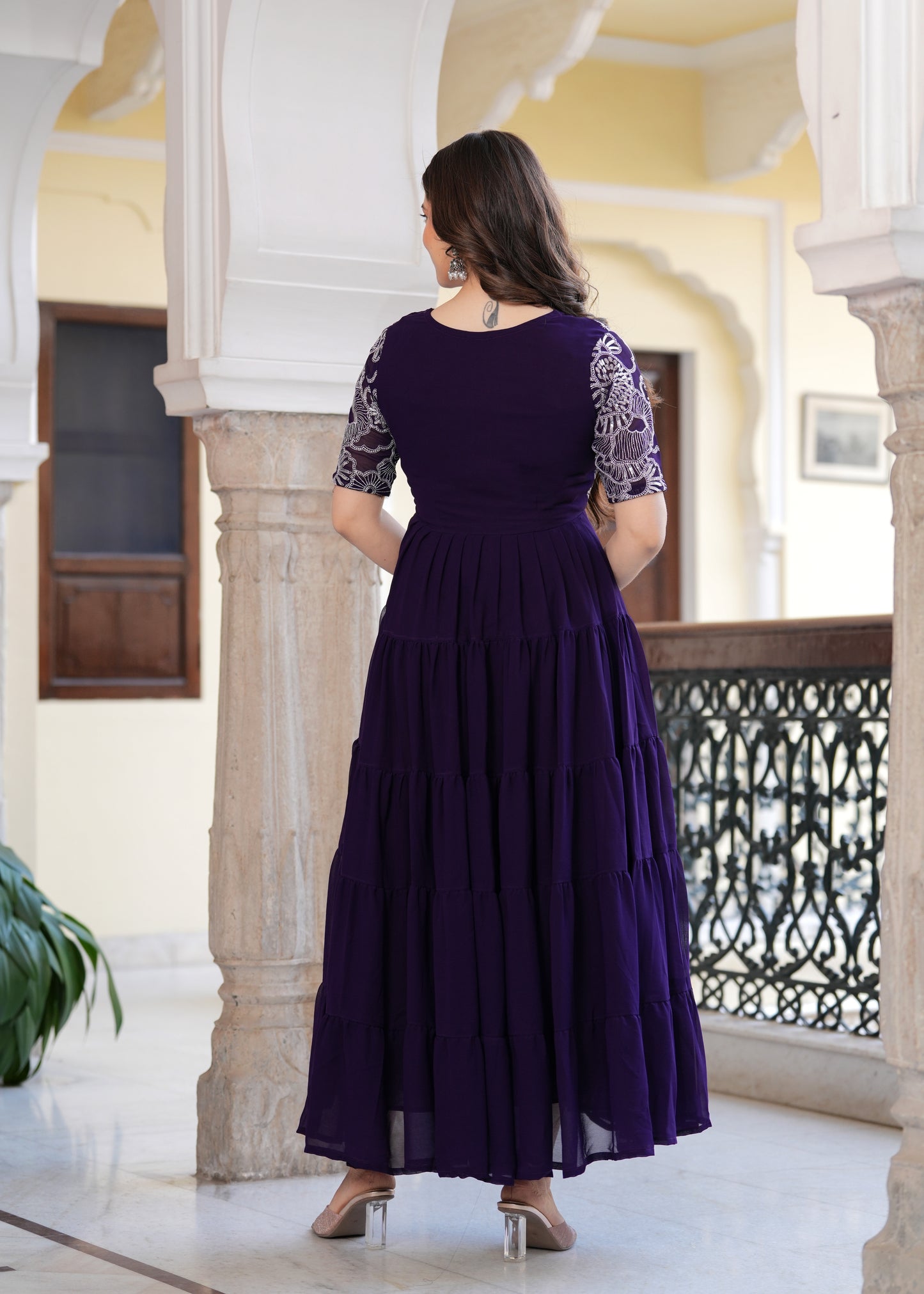 Purple Layred Flared Floral Embroidery Gown & Dresses