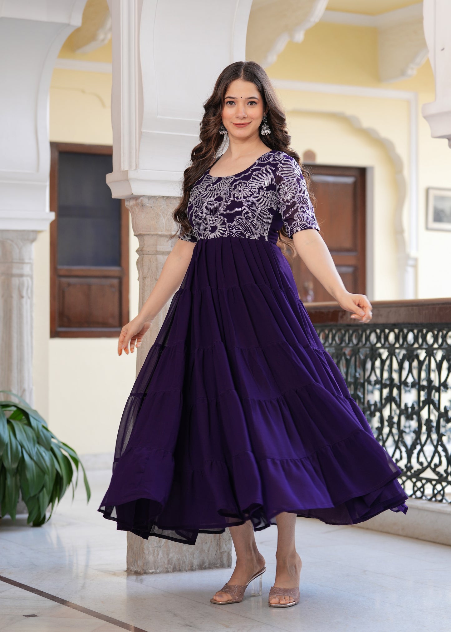 Purple Layred Flared Floral Embroidery Gown & Dresses