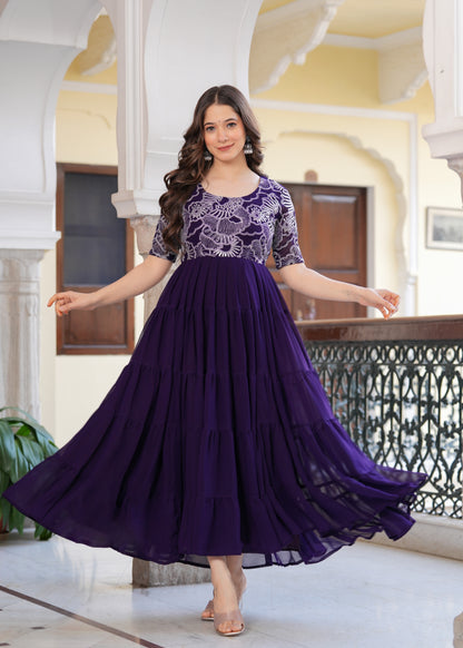 Purple Layred Flared Floral Embroidery Gown & Dresses