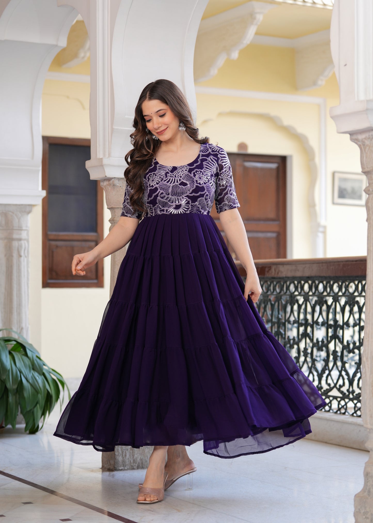 Purple Layred Flared Floral Embroidery Gown & Dresses