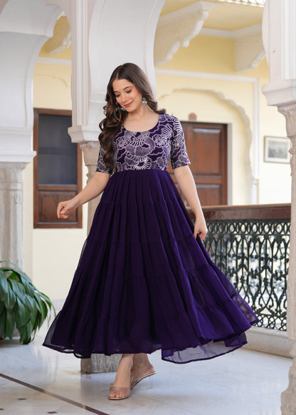 Purple Layred Flared Floral Embroidery Gown & Dresses