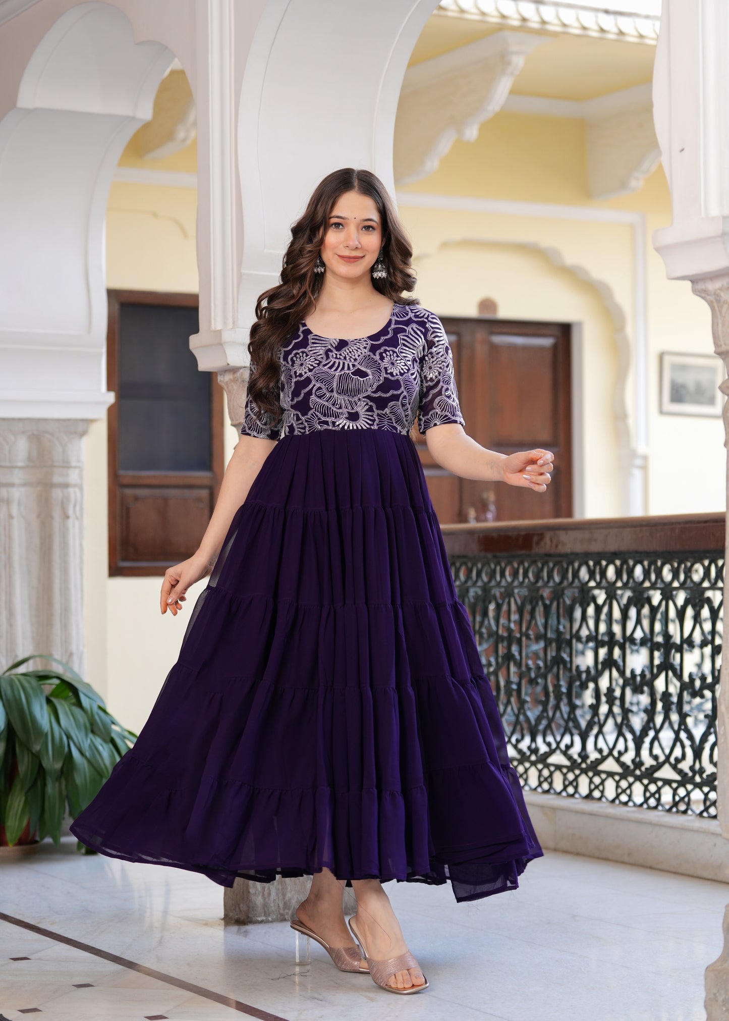 Purple Layred Flared Floral Embroidery Gown & Dresses