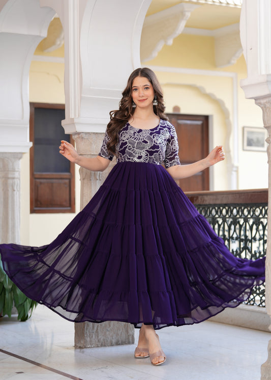Purple Layred Flared Floral Embroidery Gown & Dresses