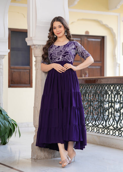Purple Layred Flared Floral Embroidery Gown & Dresses