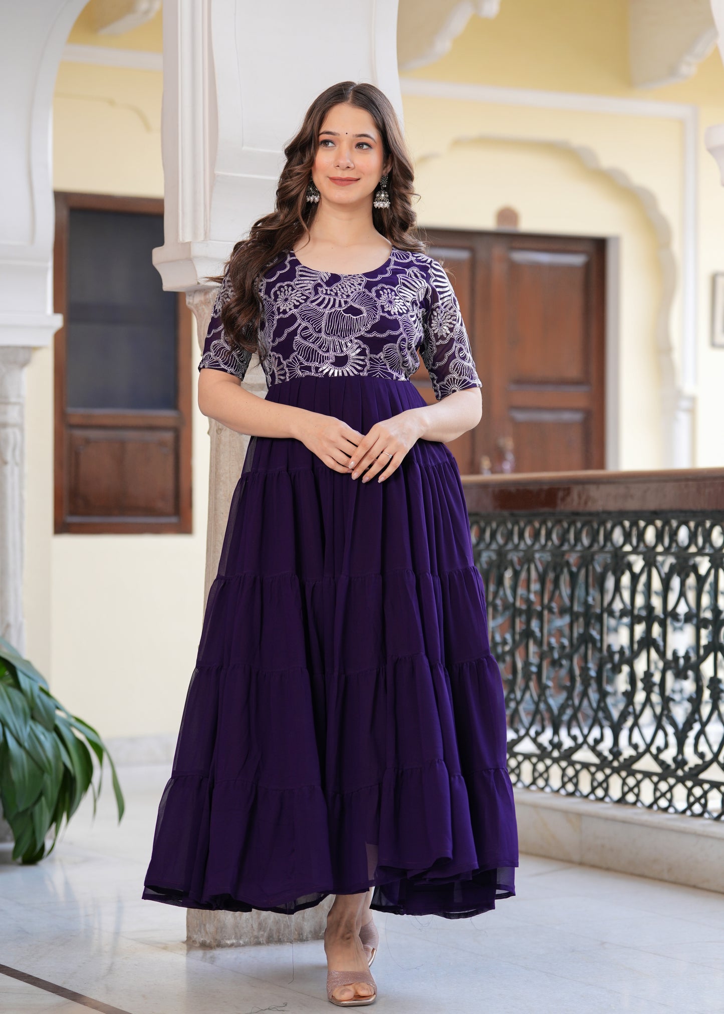 Purple Layred Flared Floral Embroidery Gown & Dresses