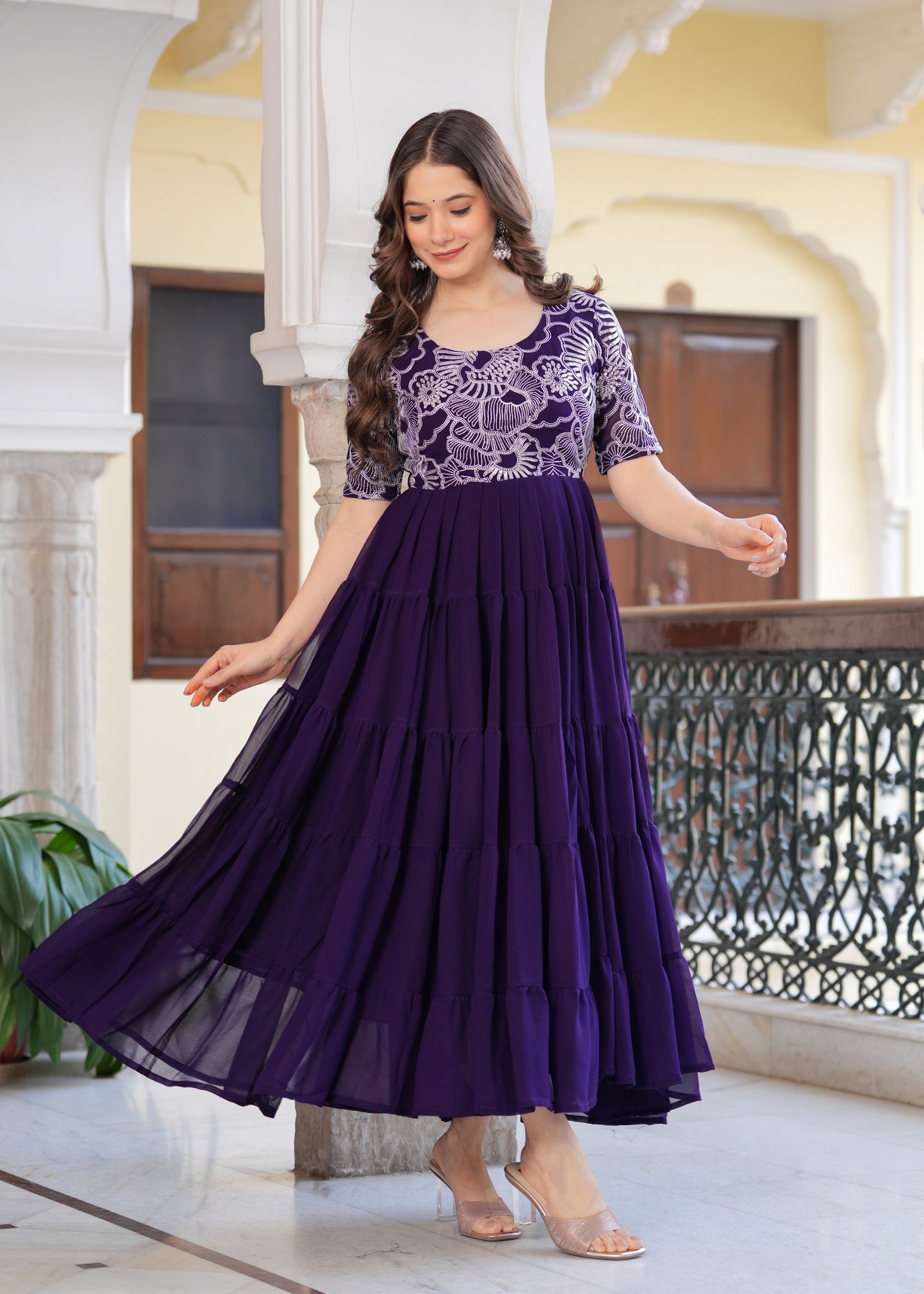Purple Layred Flared Floral Embroidery Gown & Dresses