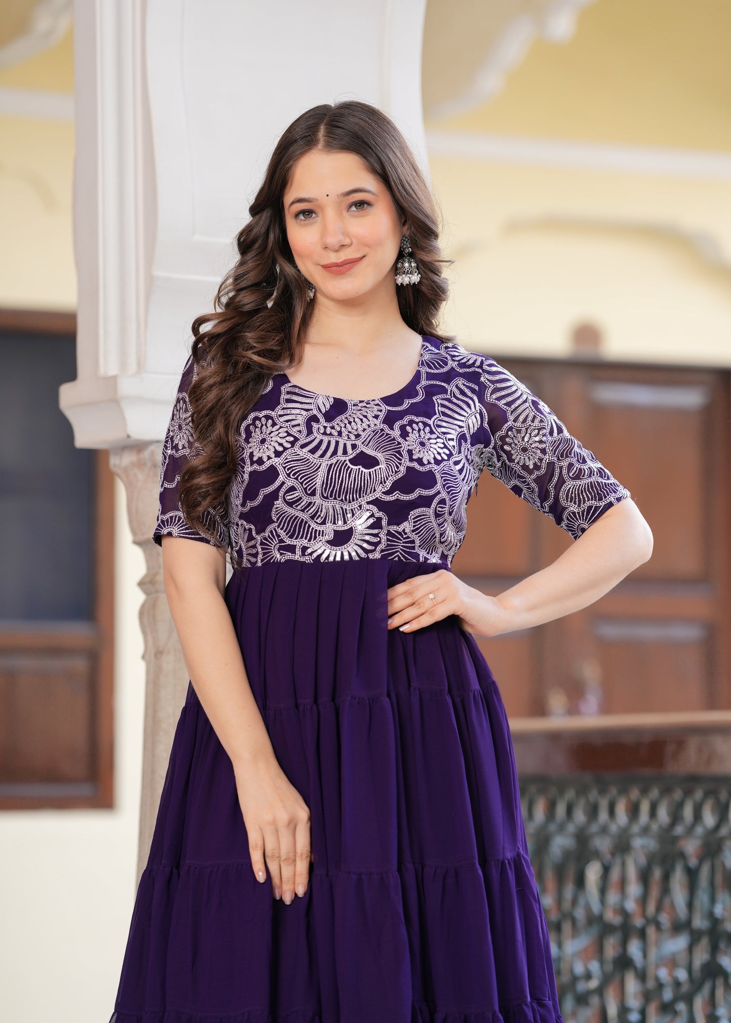 Purple Layred Flared Floral Embroidery Gown & Dresses