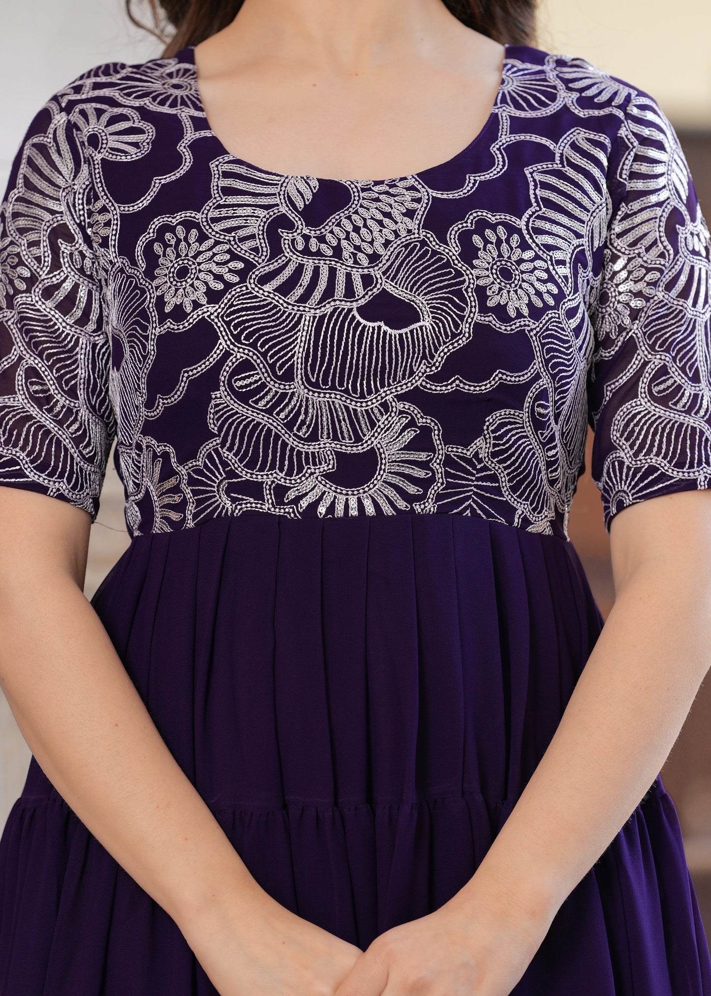 Purple Layred Flared Floral Embroidery Gown & Dresses