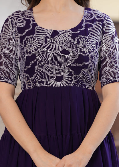 Purple Layred Flared Floral Embroidery Gown & Dresses