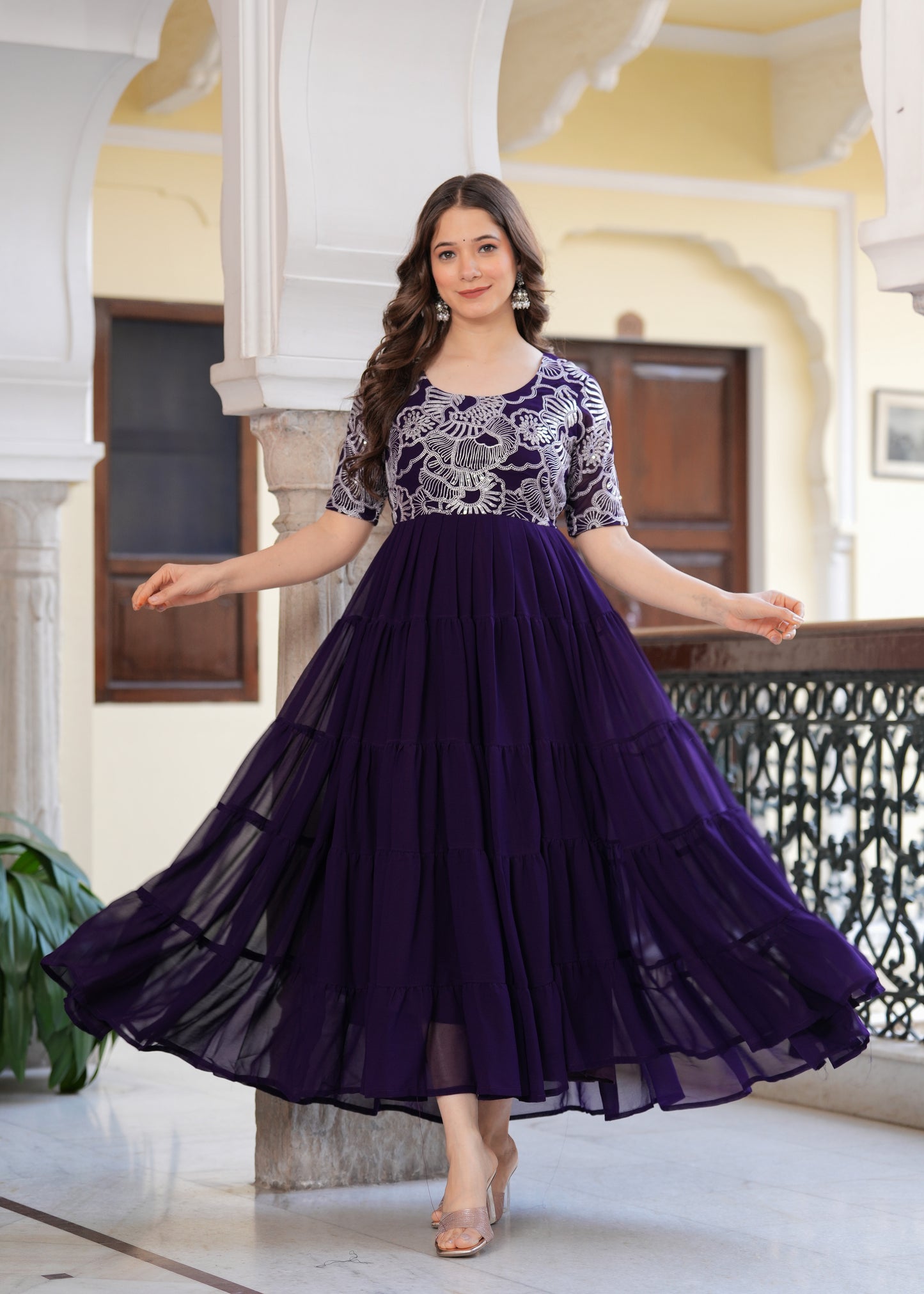 Purple Layred Flared Floral Embroidery Gown & Dresses