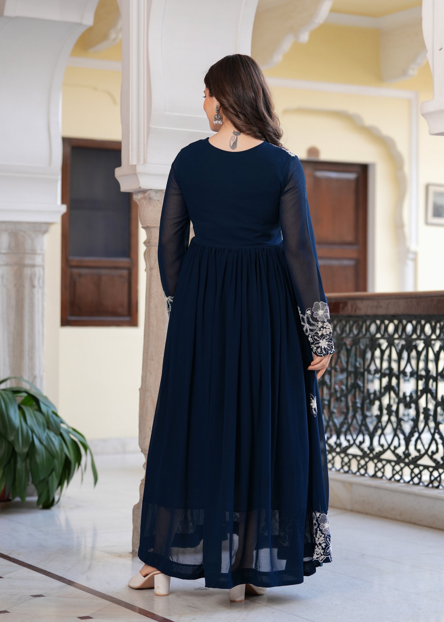 Teal Flared Floral Embroidery Gown & Dresses