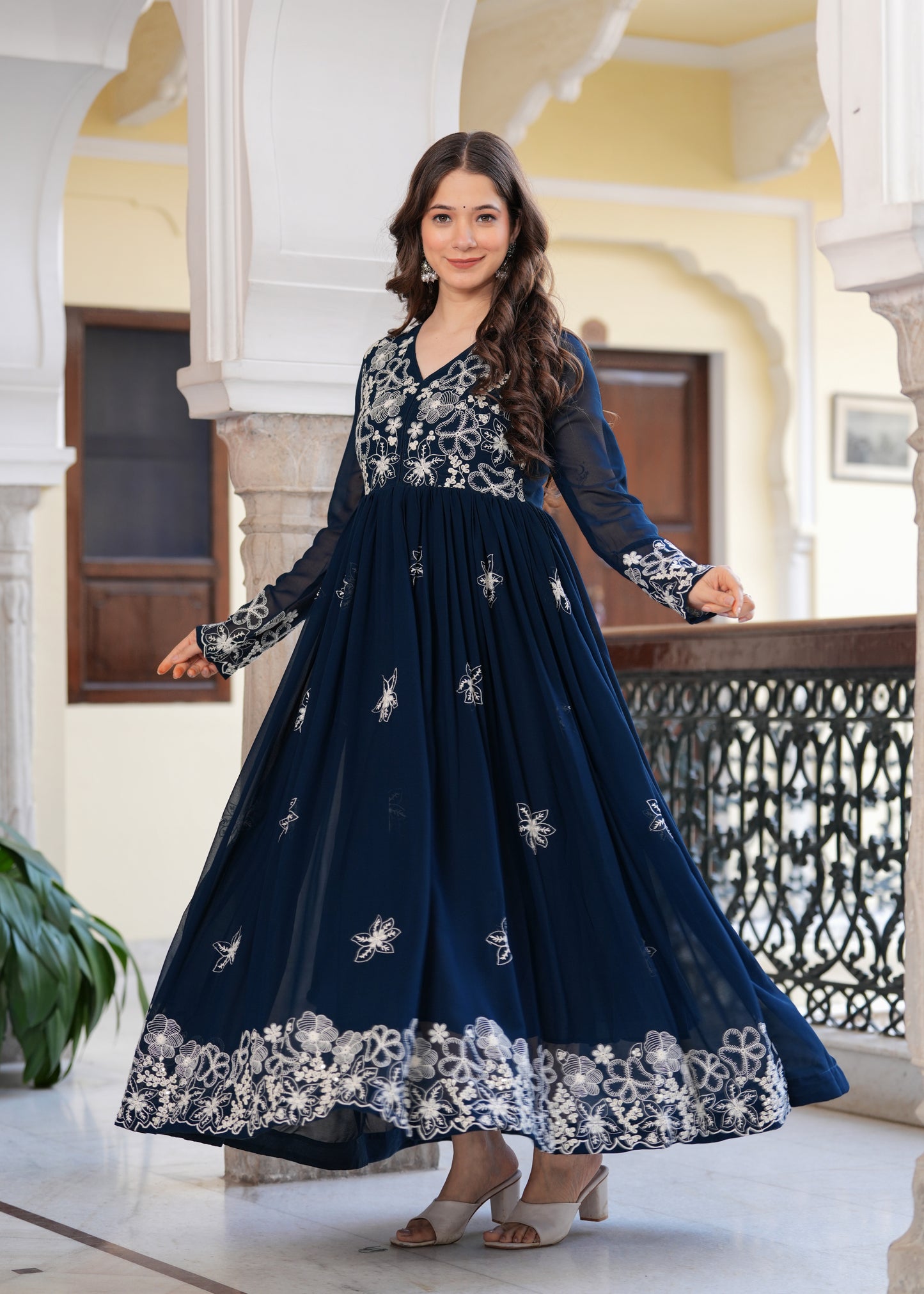Teal Flared Floral Embroidery Gown & Dresses