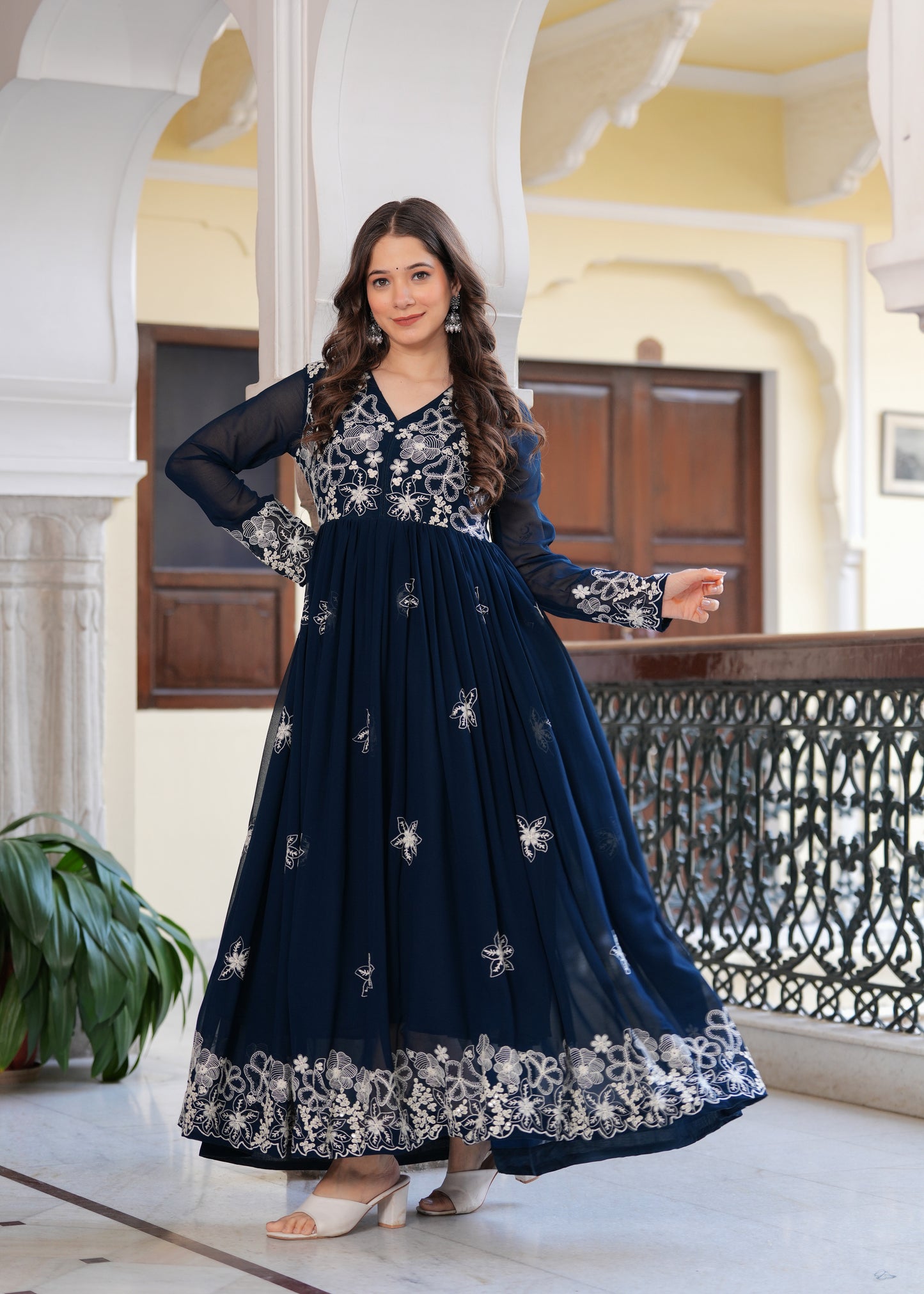 Teal Flared Floral Embroidery Gown & Dresses