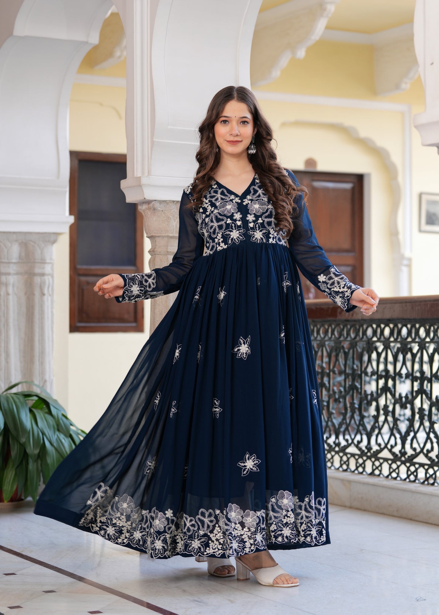 Teal Flared Floral Embroidery Gown & Dresses