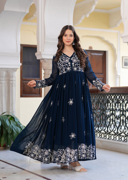 Teal Flared Floral Embroidery Gown & Dresses