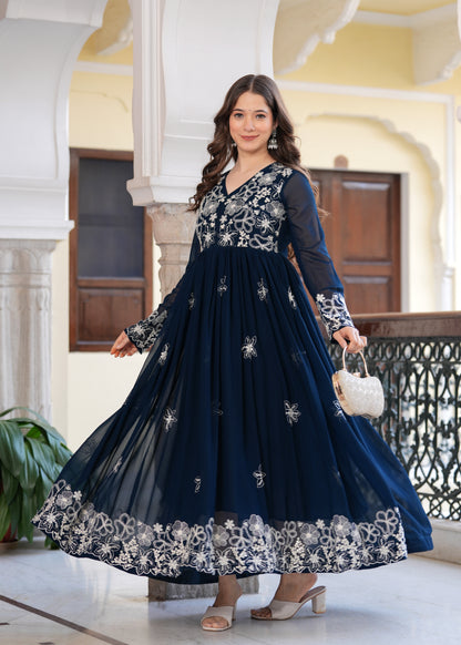 Teal Flared Floral Embroidery Gown & Dresses
