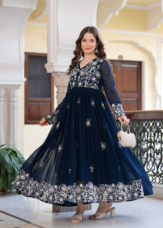 Teal Flared Floral Embroidery Gown & Dresses