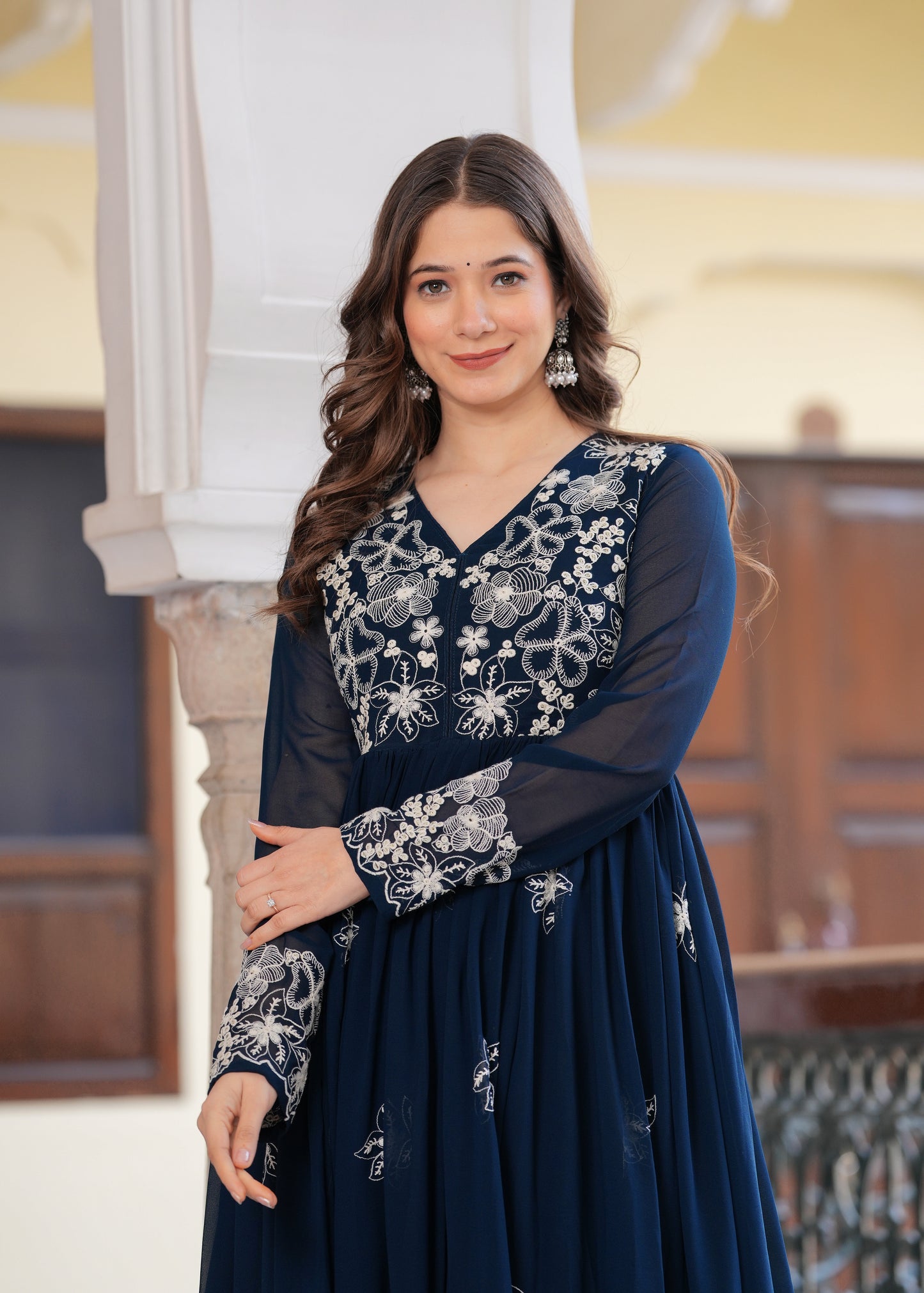 Teal Flared Floral Embroidery Gown & Dresses