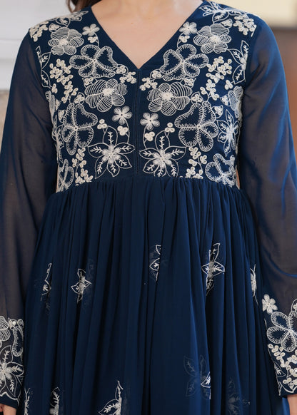 Teal Flared Floral Embroidery Gown & Dresses