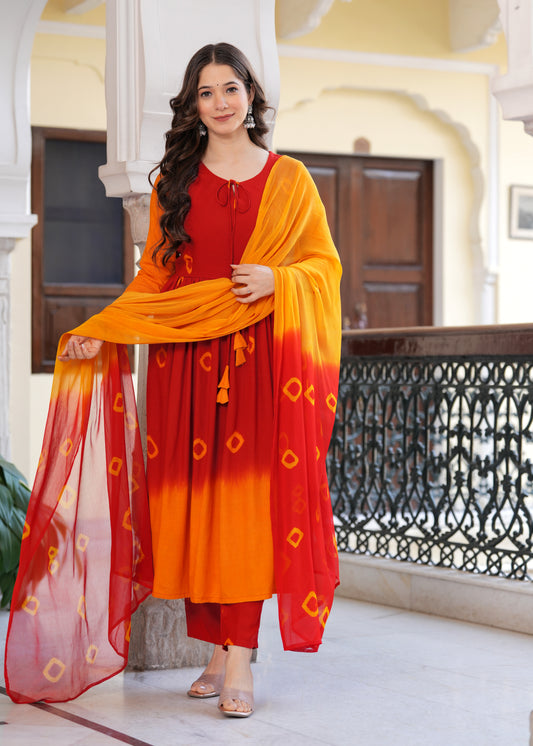 Multicolor Flared Tie & Dye Work Kurta & Trousers With Dupatta Set