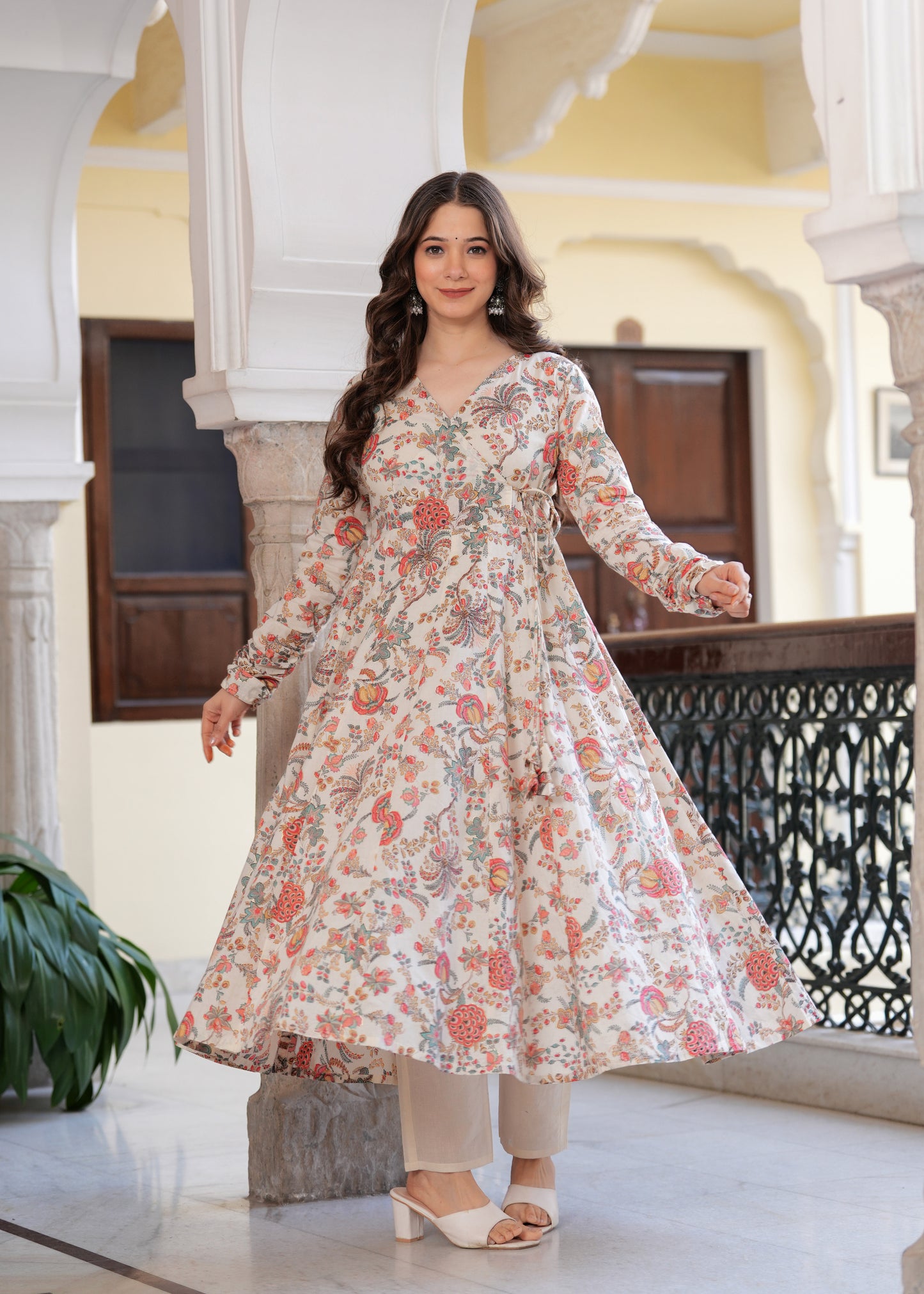 Orange Cambric Cotton Ethnic Motif Anarkali Kurta With Palazzo Set