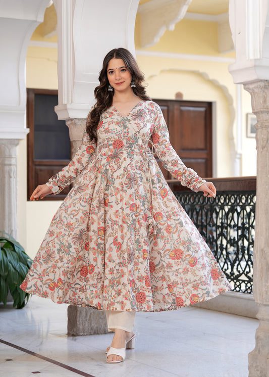 Orange Cambric Cotton Ethnic Motif Anarkali Kurta With Palazzo Set