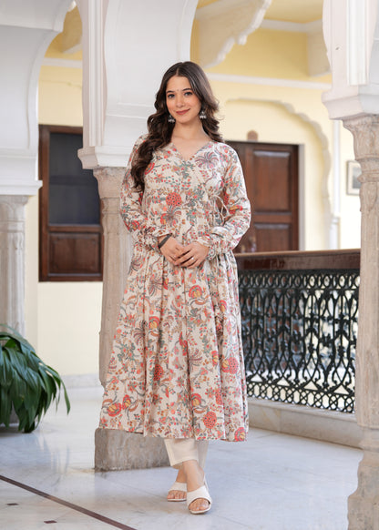 Orange Cambric Cotton Ethnic Motif Anarkali Kurta With Palazzo Set