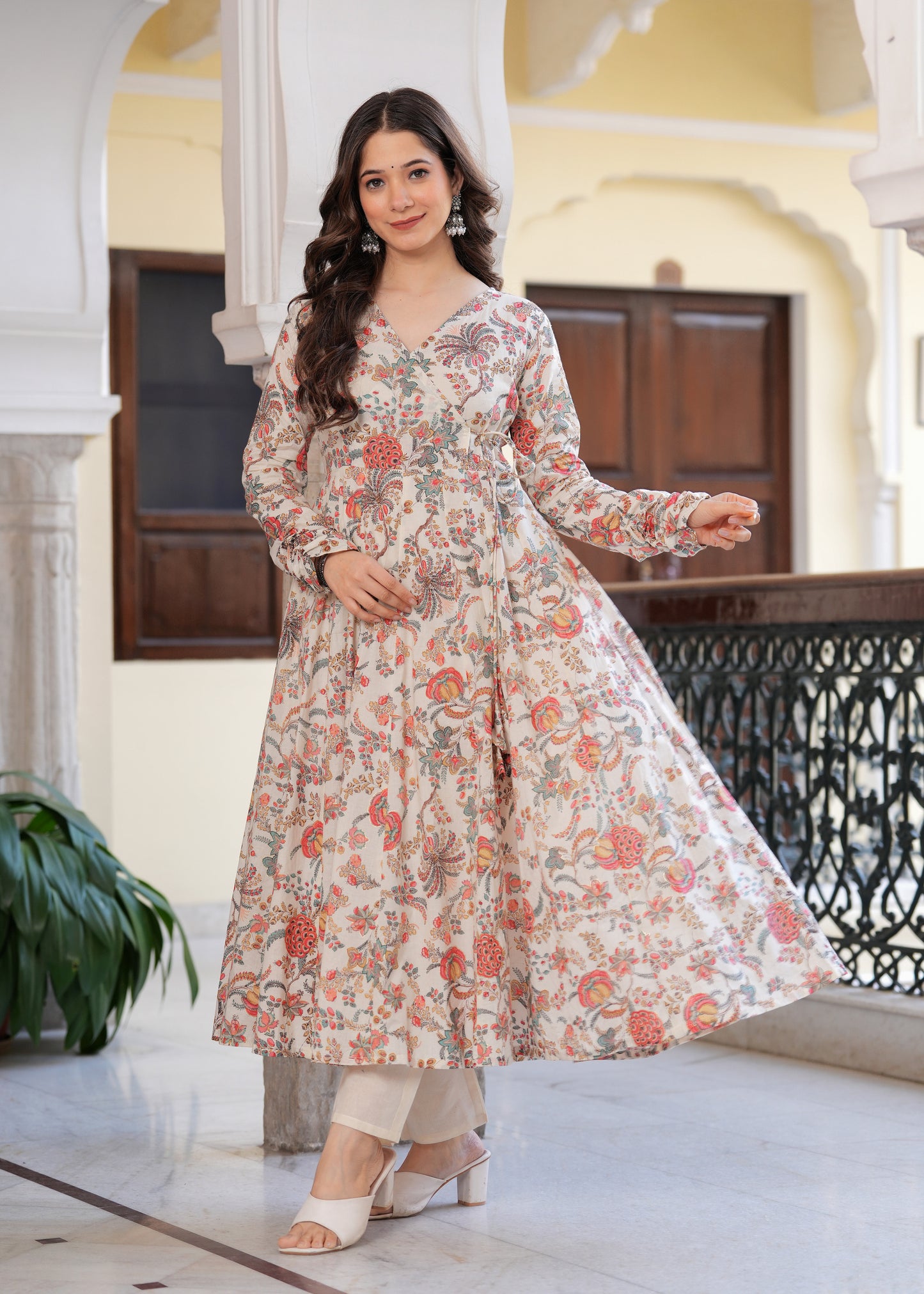 Orange Cambric Cotton Ethnic Motif Anarkali Kurta With Palazzo Set