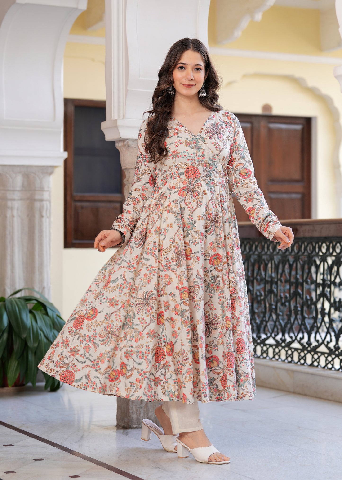 Orange Cambric Cotton Ethnic Motif Anarkali Kurta With Palazzo Set