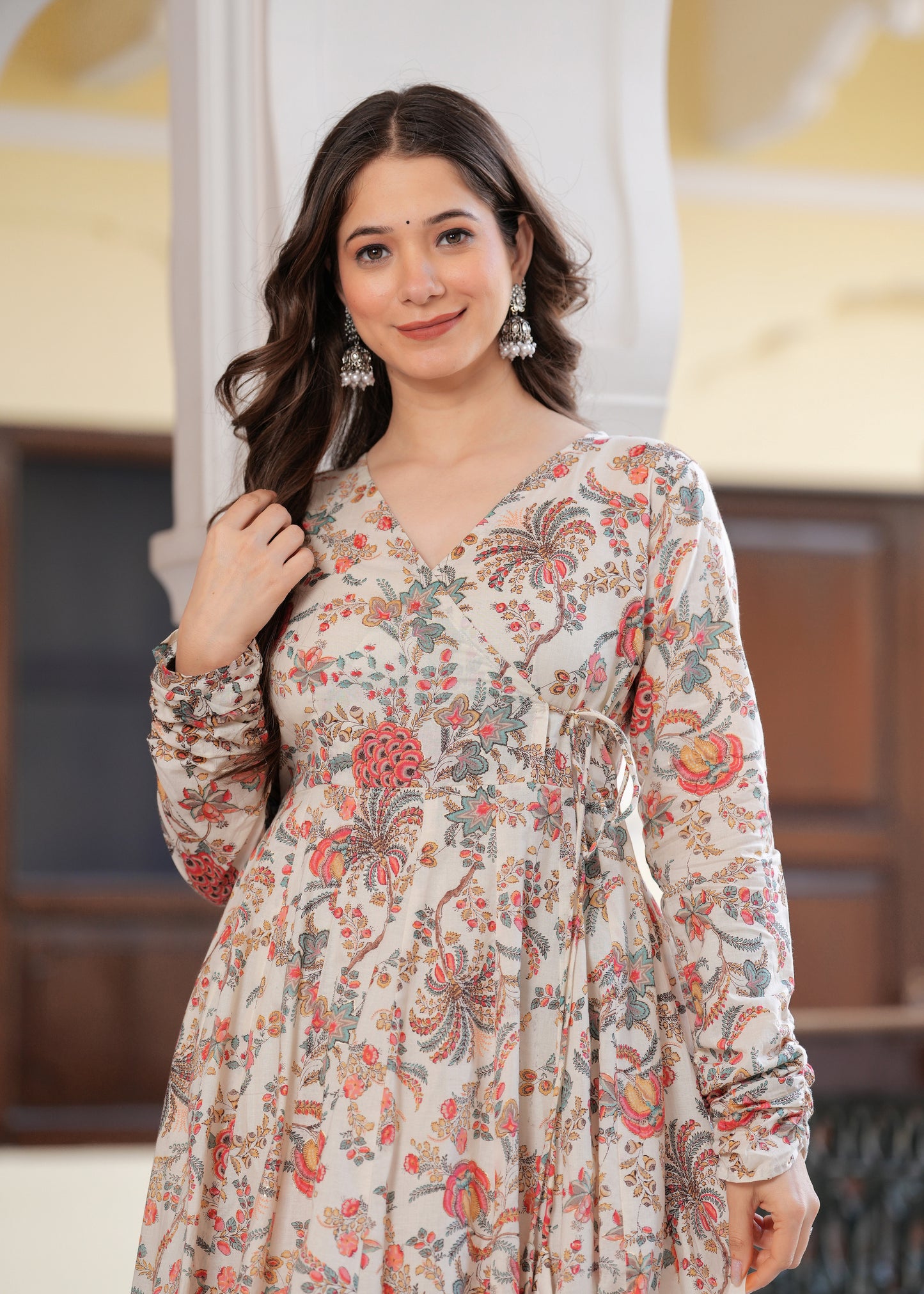 Orange Cambric Cotton Ethnic Motif Anarkali Kurta With Palazzo Set