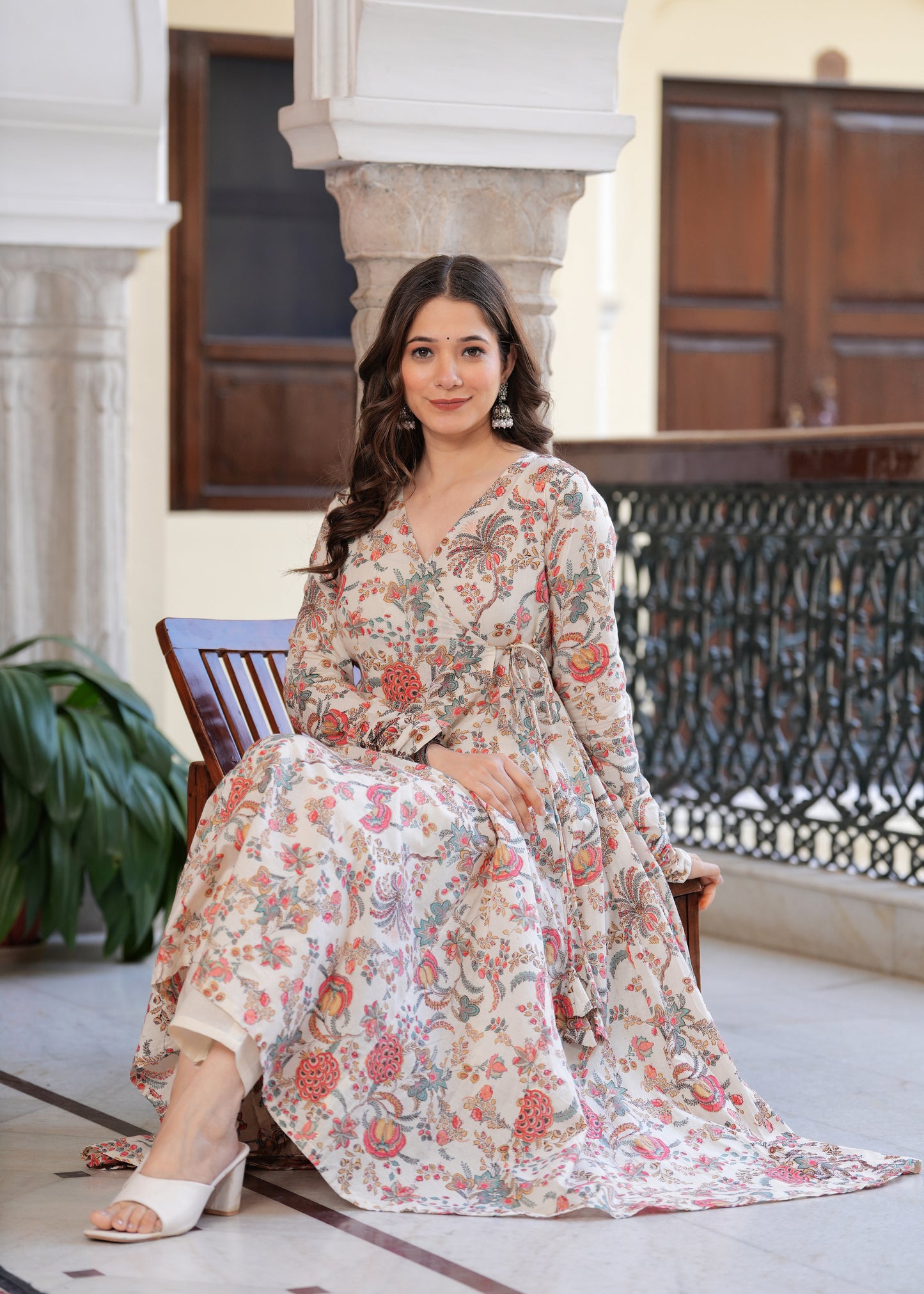 Orange Cambric Cotton Ethnic Motif Anarkali Kurta With Palazzo Set