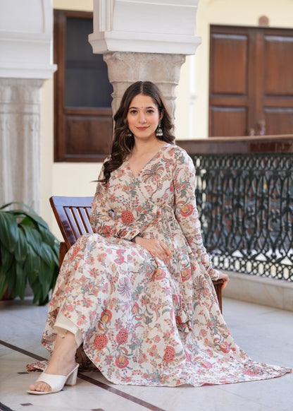 Orange Cambric Cotton Ethnic Motif Anarkali Kurta With Palazzo Set