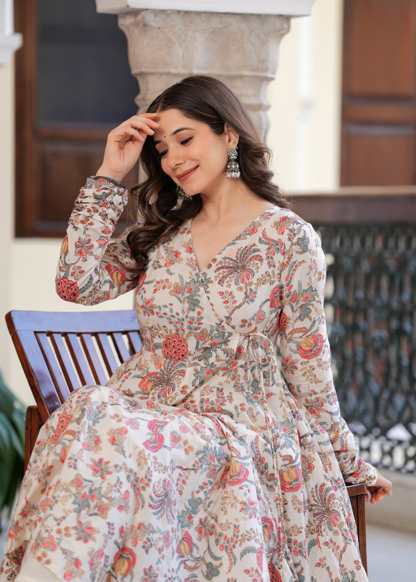 Orange Cambric Cotton Ethnic Motif Anarkali Kurta With Palazzo Set