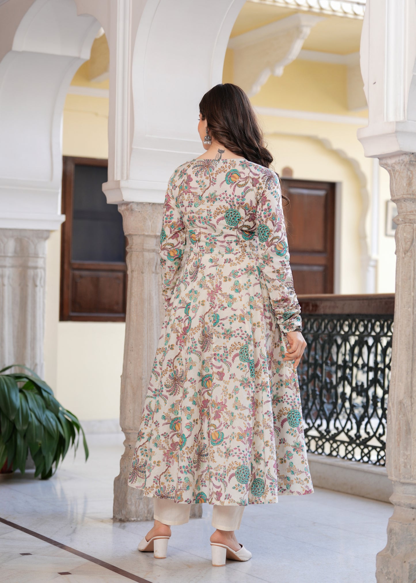 Blue Cambric Cotton Ethnic Motif Anarkali Kurta With Palazzo Set