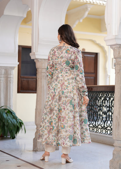 Blue Cambric Cotton Ethnic Motif Anarkali Kurta With Palazzo Set
