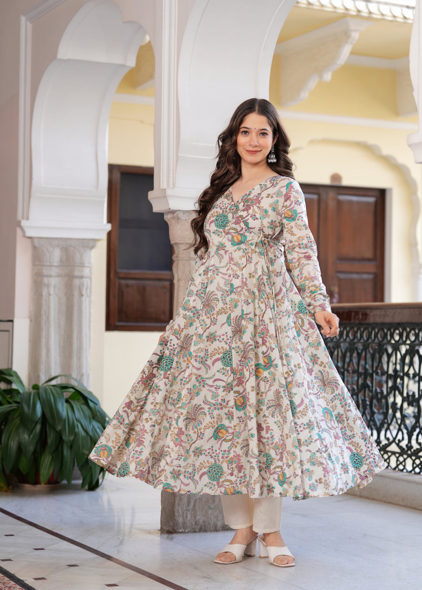 Blue Cambric Cotton Ethnic Motif Anarkali Kurta With Palazzo Set