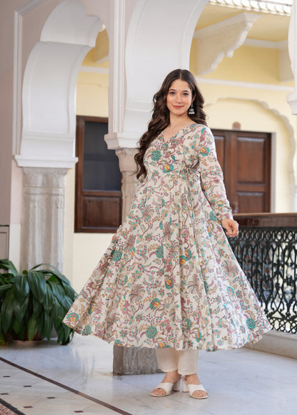 Blue Cambric Cotton Ethnic Motif Anarkali Kurta With Palazzo Set