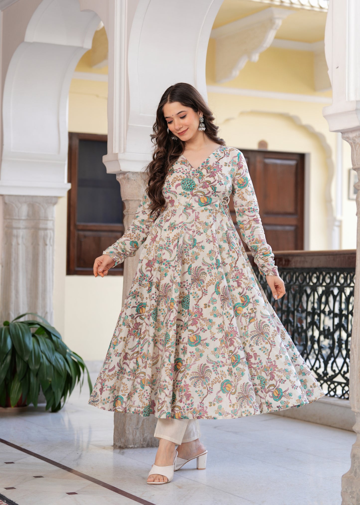 Blue Cambric Cotton Ethnic Motif Anarkali Kurta With Palazzo Set