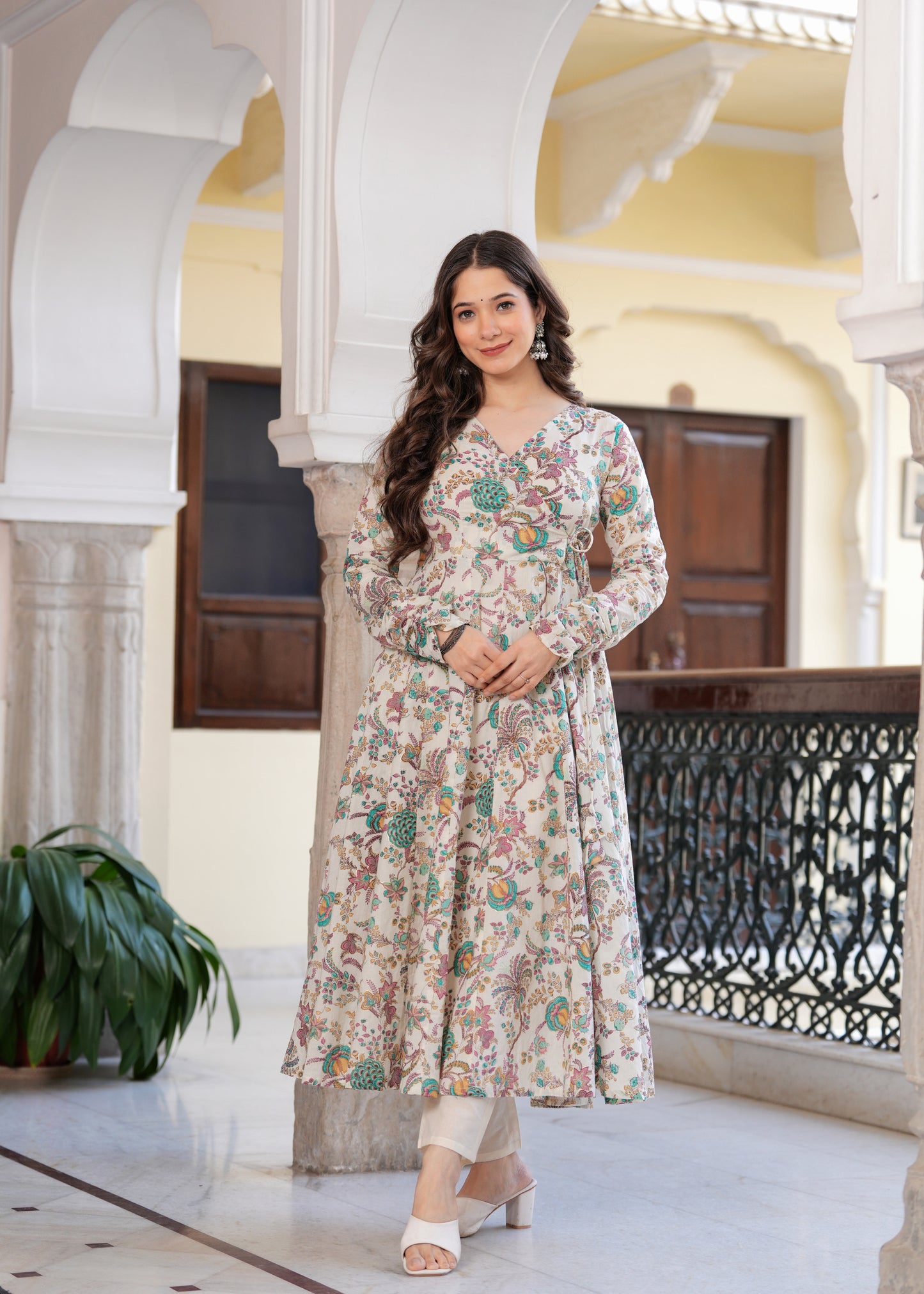 Blue Cambric Cotton Ethnic Motif Anarkali Kurta With Palazzo Set